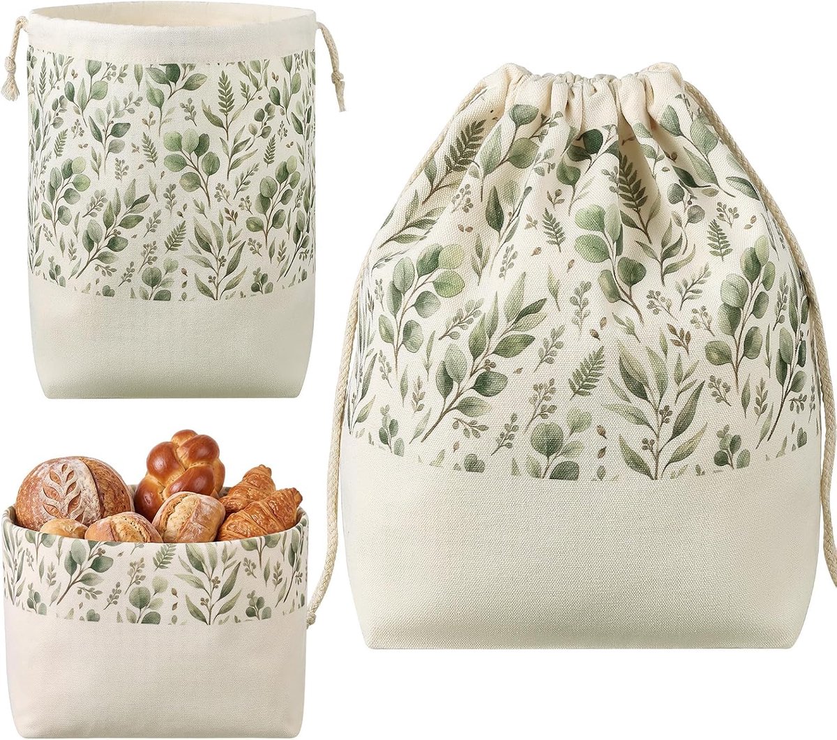 Broodzak Voor Het Bewaren en Vers Houden Van Brood 3-in-1 Stoffen Broodmand 33 x 21 cm Broodzak Broodtas Katoenen Tas Met Trekkoord Herbruikbaar Voor Brood(Eucalyptus)