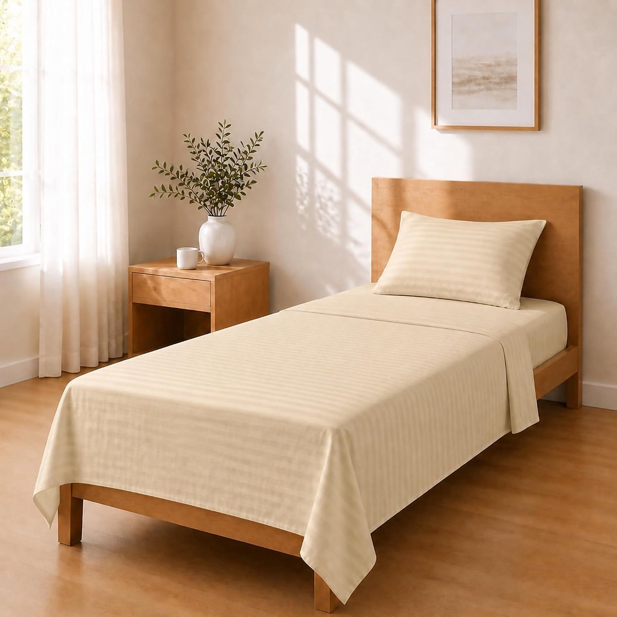 Lakenset Microvezel 150x240 / 90x200+25 / 50x80, Champagnebeige | Compleet lakenset in zachte microvezel: bovenlaken, hoeslaken en bijpassende kussensloop, subtiel ton-sur-ton gestreept.