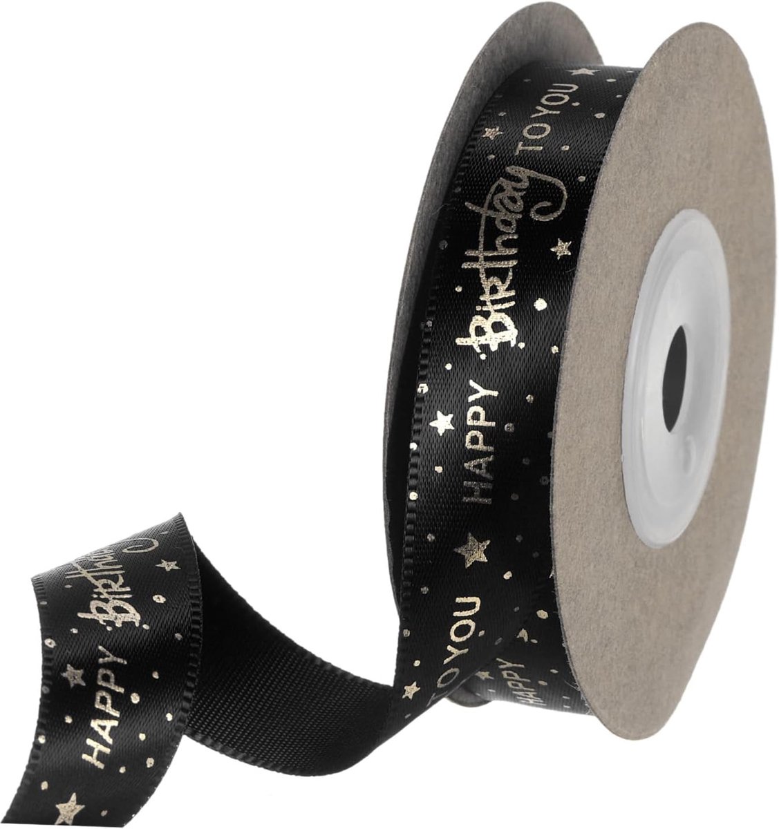 Satijnen linten van 5/8 inch x 10 meter met goudkleurige print, Happy Birthday-lint voor verjaardagscadeau, boeket, inpakstrikken, knutselen, doe-het-zelf decoratie, zwart
