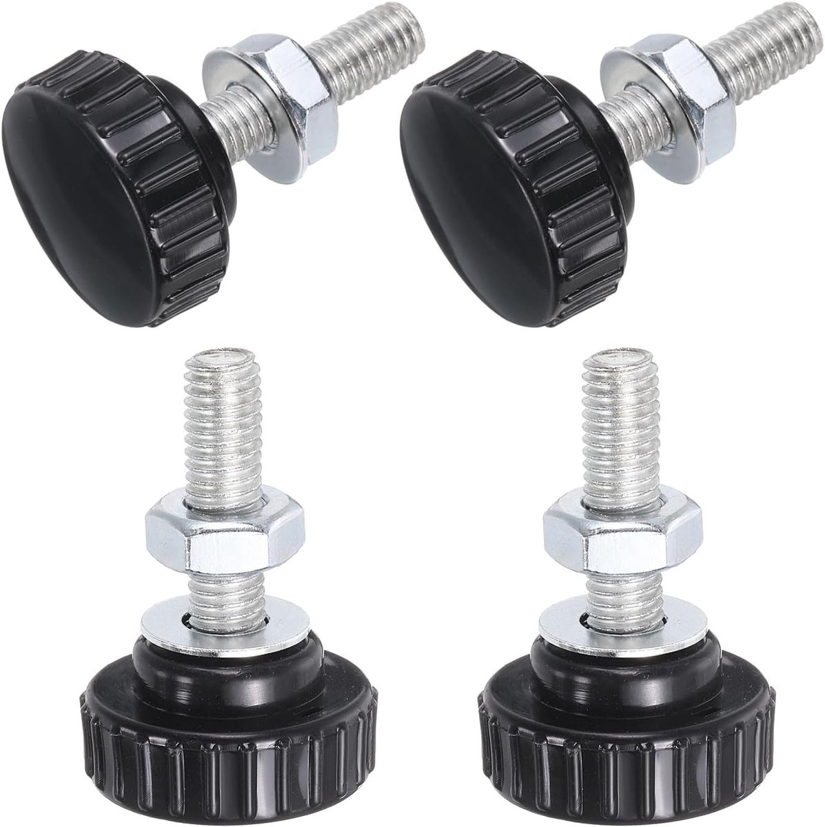 Set van 4 gekartelde knoppen, duimschroeven met moeren, sluitringen, M8 x 35 mm schroefdraad, 30 mm, kunststof kop, verzinkt koolstofstaal, klemschroeven, handgrepen, zwart