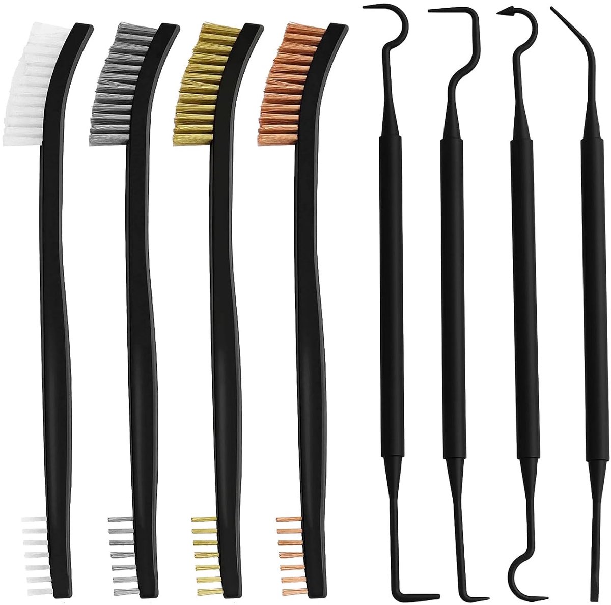 Set van 8 kleine draadborstels, roestvrijstalen staalborstel, kleine messing borstel, metalen borstel, stalen borstel, nylon borstel met 4 dubbele haken voor reiniging van vuil en roest