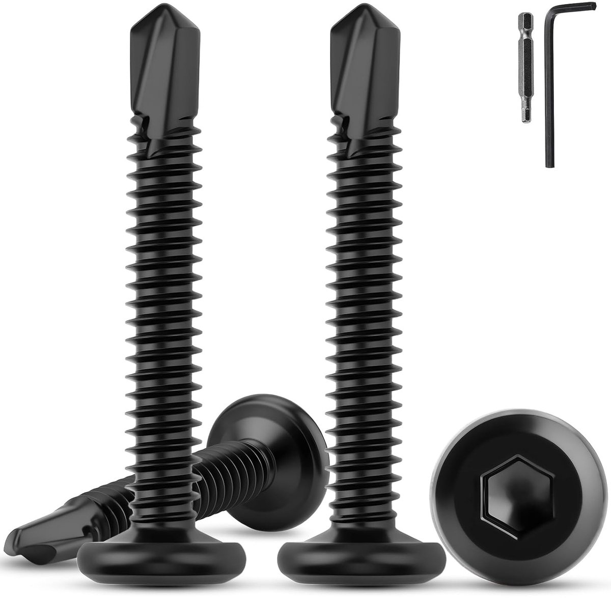 60 stuks zelftappende schroeven, 410 roestvrij staal, 6,3 x 16 mm, plaatschroeven, zelftappend, roestvrij staal, zwart, platte kop, metalen schroeven, binnenzeskantschroeven met