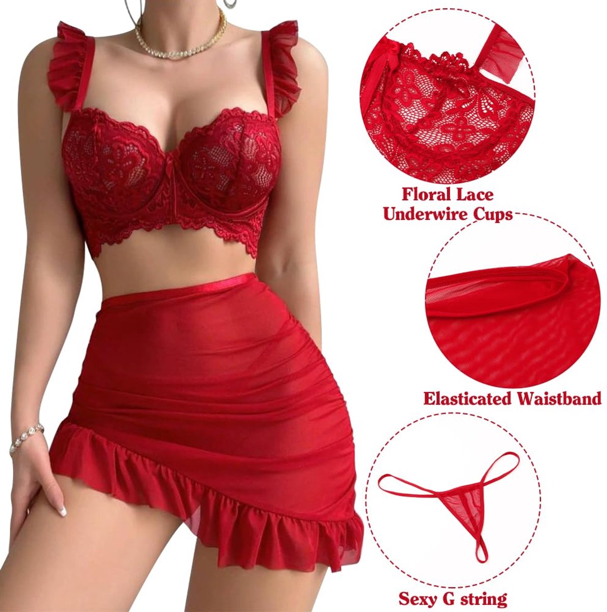 Lingerieset dames push-up - kant en mesh - sexy tanga met minirok - erotisch en transparant - SnelShoppen