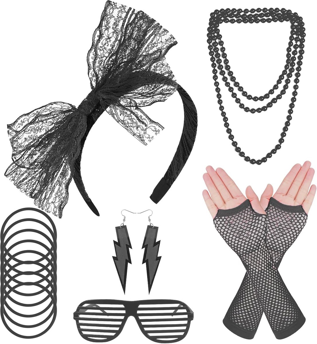 Accessoires set voor vrouwen, jaren 80 verkleedkleding neon hoofdband oorbellen visnet handschoenen ketting voor jaren 80 retro feest