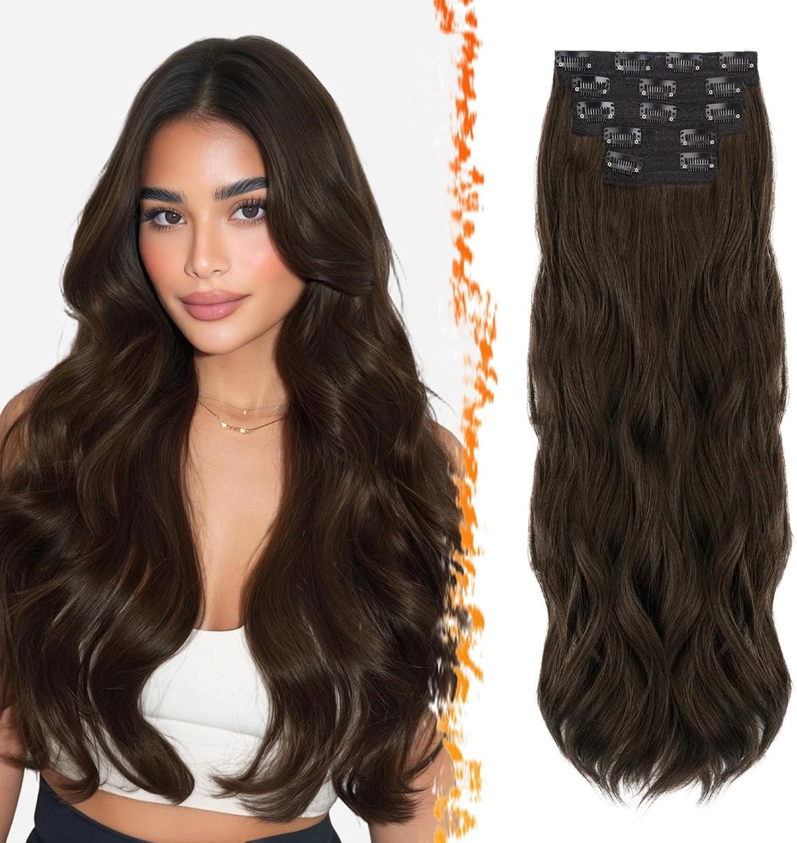60cm Synthetisch Lange Golvende Chocolade Bruin Clip Haarverlenging | 5PCS Layered Soft Wave, Lace Weft, Silky Zacht Volumineus Lichtgewicht,Easy Wear Comfortabel Fit,Tangle-free Natuurlijke Look