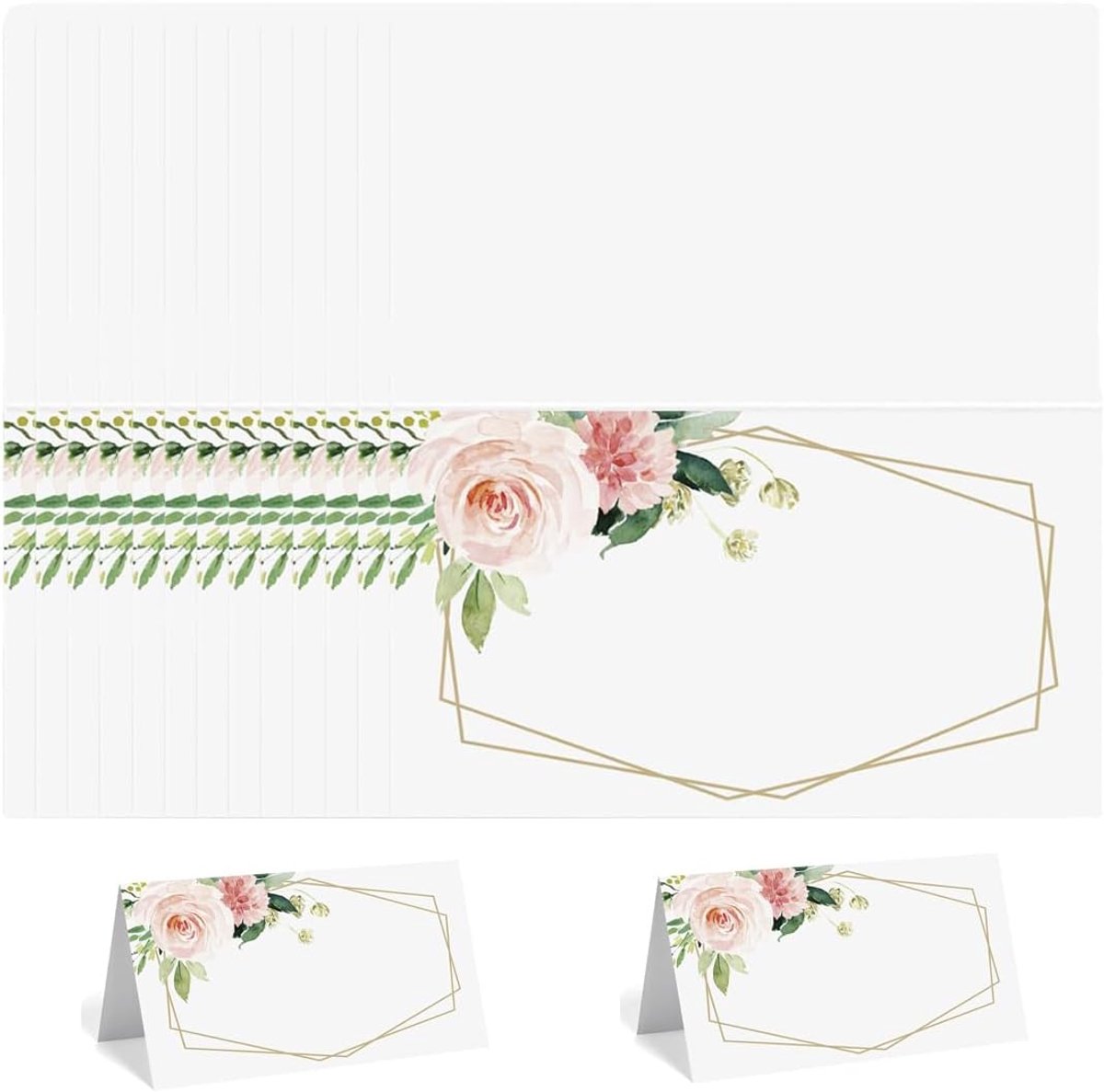 50 stuks tafelkaarten met lentebloemen, voor individuele belettering, vellen en briefpapier, bruiloft, verjaardag, doop, Kerstmis, afstudeerfeest, karton, tafelkaart