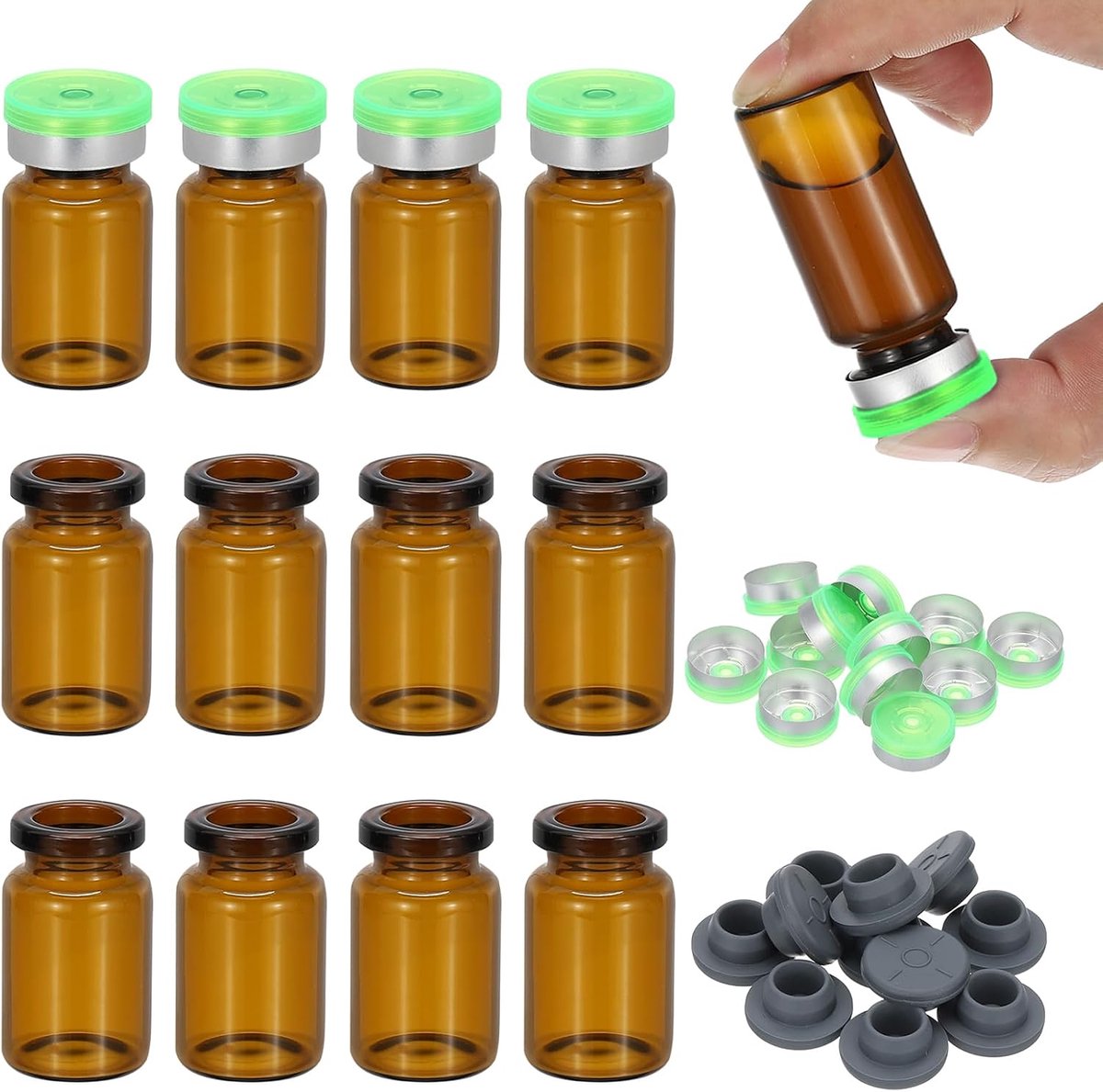 12 stuks 7 ml barnsteen borosilicaatglas monsterflesjes met aluminium-kunststof dop en rubberen stop voor de opslag van vaste laboratoriumflesjes, groen-zilveren tint
