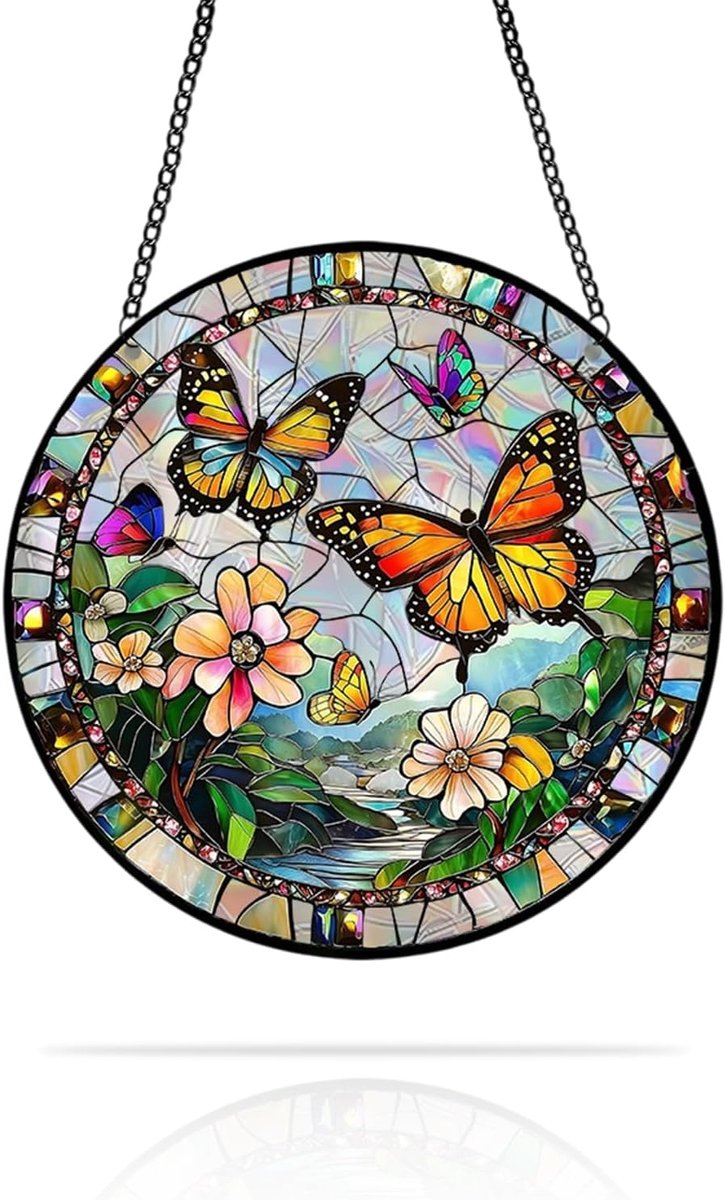 Bloem Gebrandschilderd Glas Zonnevanger, Ronde Raamhanger Decoratie voor Thuis, Tuinmuurkunst Ornament, Moederdag Verjaardagscadeaus voor Moeder Oma, 1 Pak