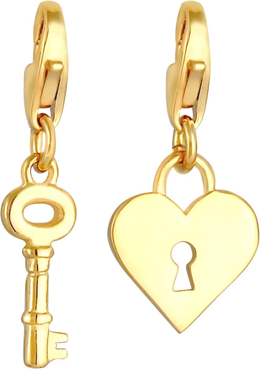 Sleutel- en slotbedelhanger, 925 sterling zilver, verguld, voor dames, bedelset goud met hart-element in teken van de liefde, geschikt voor alle gangbare bedeldragers en bedelarmband