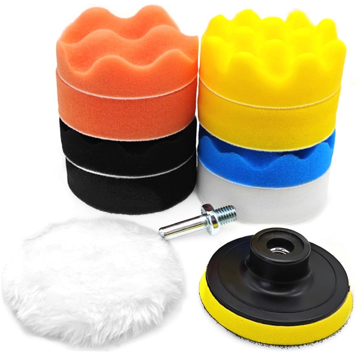 11-delige 3-inch autopolijstpadset met booradapter | 1 Klittenband steunschijf, 1 M10 booradapter, 8 Schuimschijven, 1 Wollen pad, Voor autopolijster, schuren en waxen