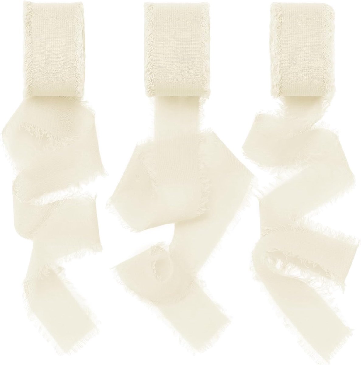 Zijdeachtig lint van chiffon (1 x 50 m, linten, handgemaakte franje, 3 rollen x 7 m), crèmekleurig chiffonlint voor huwelijksuitnodiging, boeket, geschenkverpakking, strikken maken, decoratie
