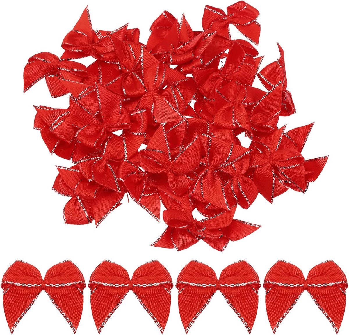 50 stuks Mini Metallic Edge Lint Strik 2,5 cm Satijn Lint Bloem Strikken Zacht voor Craft DIY Haar Strik Naaien Bruiloft Verjaardag Party Zilver Rand Rood
