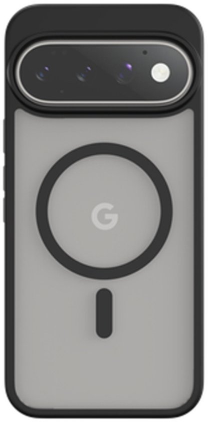 Zwarte hoes met doorschijnende achterkant, MagSafe-ring en camera-uitsparing voor Google Pixel.