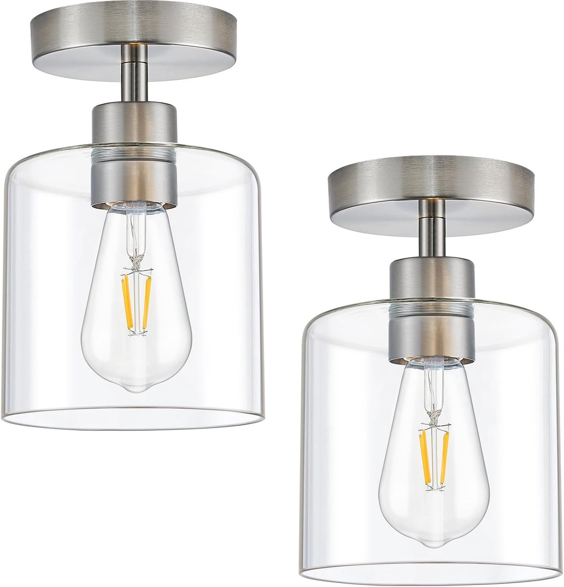 15cm 2 Stuks Plafondlamp van Helder Glas met Metalen Voet in Nikkel | E27 Lamp Geschikt Voor Keuken,Gang,Eetkamer,Entree en Hoek