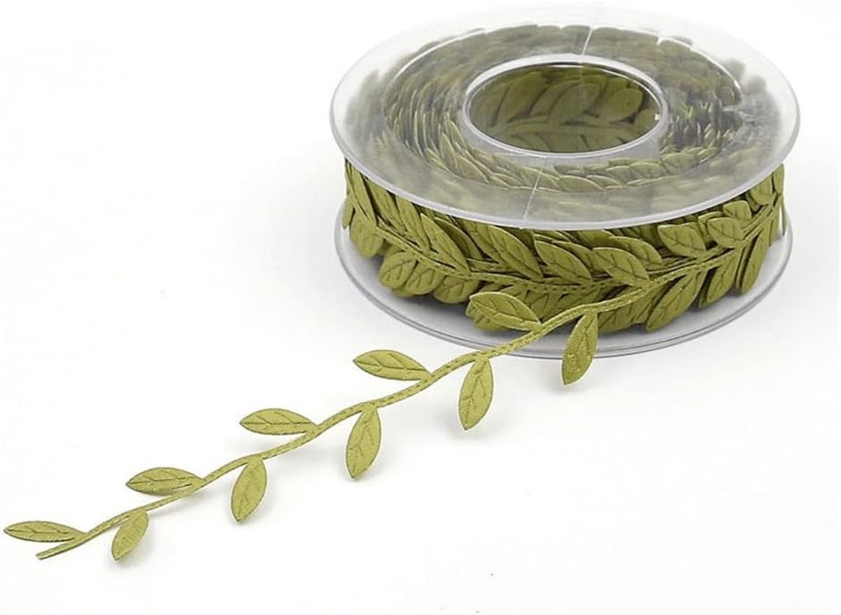 1 rol cadeaulint, 15 m, buxusslinger, kunstbladeren, bladlint, reliëf, bladeren, strepen, decoratief lint, kunstbladeren, wijnstok, bladlint, stoffen lint, sierband, groen