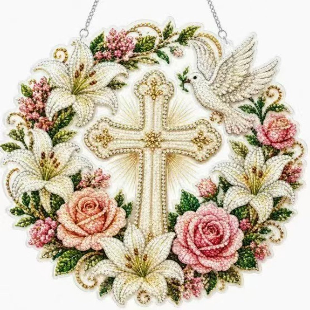 Casalora® Diamond Painting Hanger – Bloemenkruis – DIY Diamond Art Kit – Acryl Raamhanger – Raamdecoratie met Strass – Voor Deur, Raam, Muur en Open Haard – 24,9 x 24,1 cm