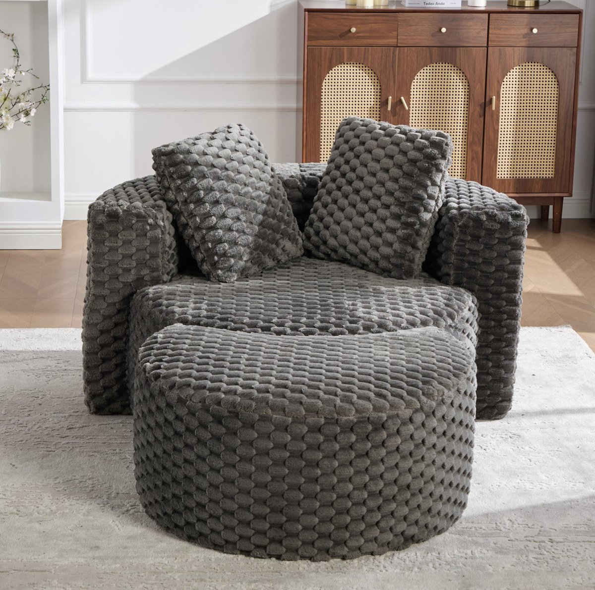 COVREO Fauteuil met hocker 130x115x84 cm donkergrijs, stof met armleuningen