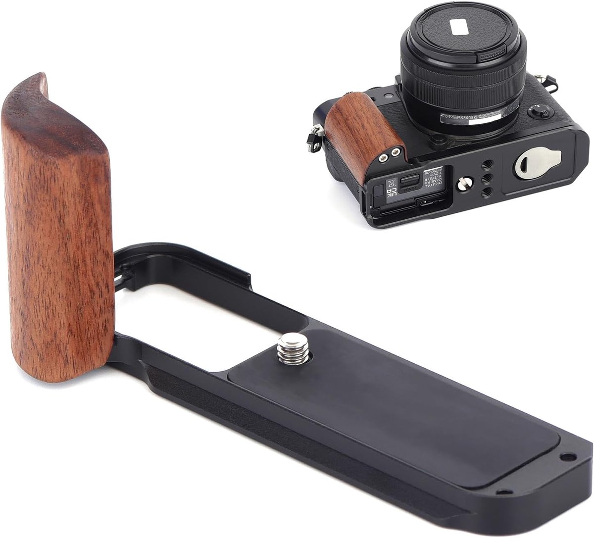 L-vormige handgreep voor Fujifilm camera's - massief hout en metalen handvat - met ingebouwde snelkoppelplaat - ShopVlot