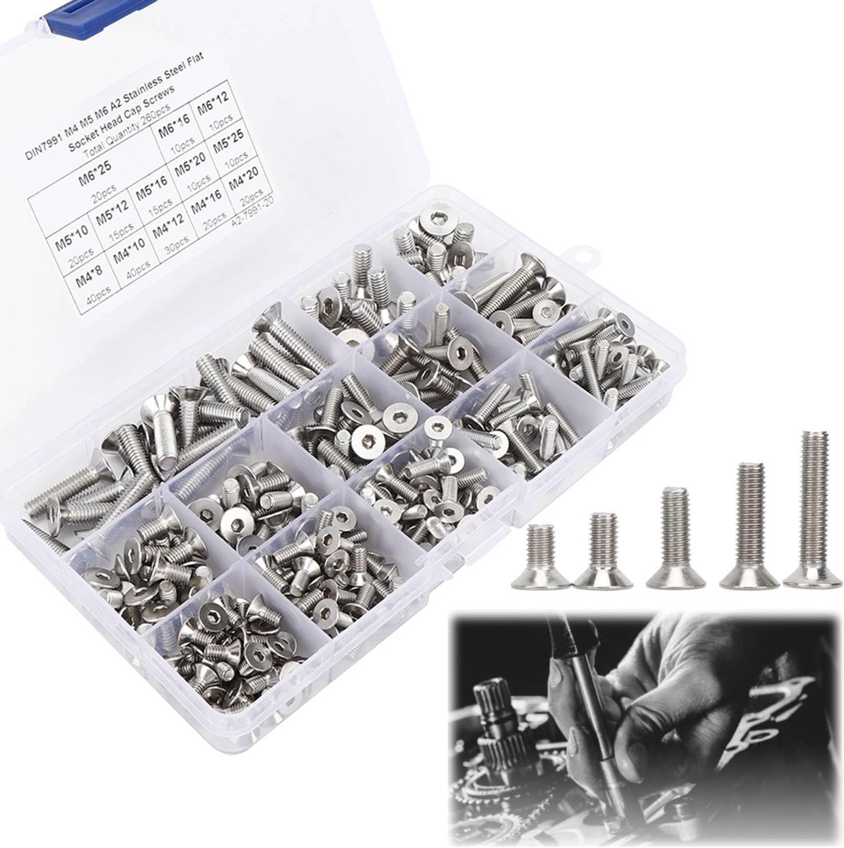 Schroefset 260-stuks - roestvrij staal - platte schroeven - handige opbergdoos - ShopVlot