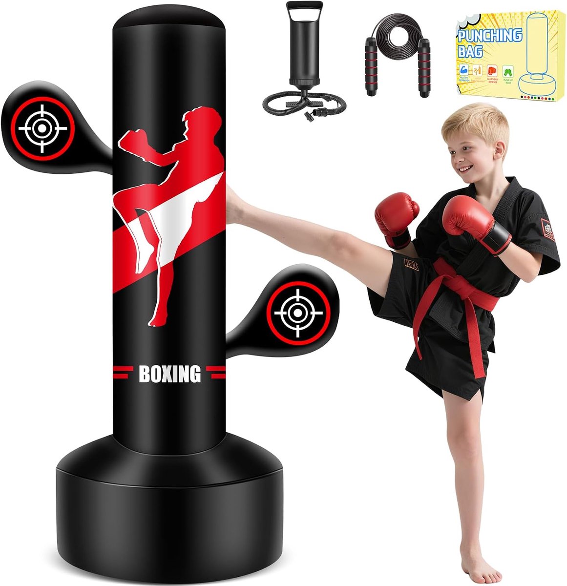Bokszak voor kinderen 165 cm - Opblaasbaar - Inclusief pomp en springtouw - Ideaal voor reactietraining - ShopVlot