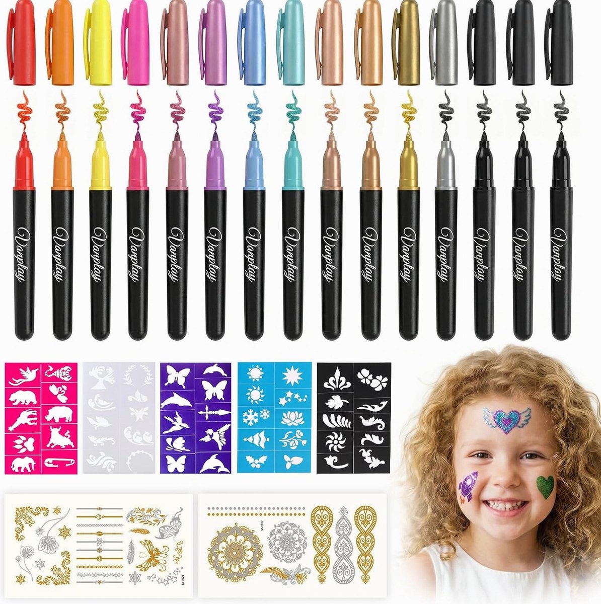 Tijdelijke Tattoo Set: 15 Kleurrijke Pennen, Stencils & Stickers