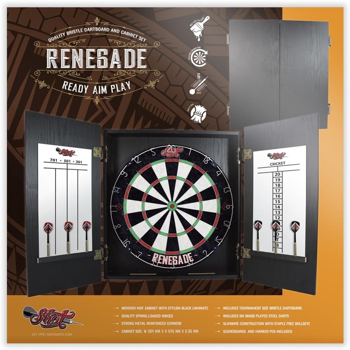 Dartbord kast set - zwart houten kabinet - toernooidartbord van sisal - perfect voor beginners - ShopVlot