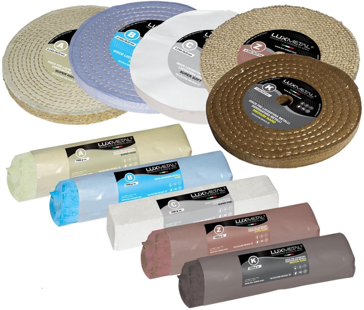 Polijstschijven set 250 mm - 5 discs en 5 polijstpasta's - ideaal voor metaalbewerking - ShopVlot