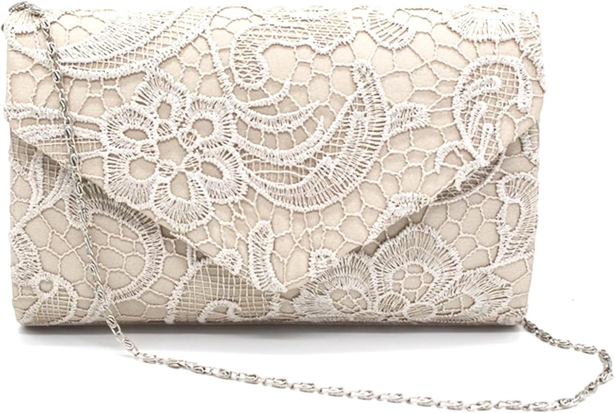 Clutch beige 22 × 13 × 5 cm - kant en ketting - elegante avondtas - ideaal voor bruiloften - ShopVlot