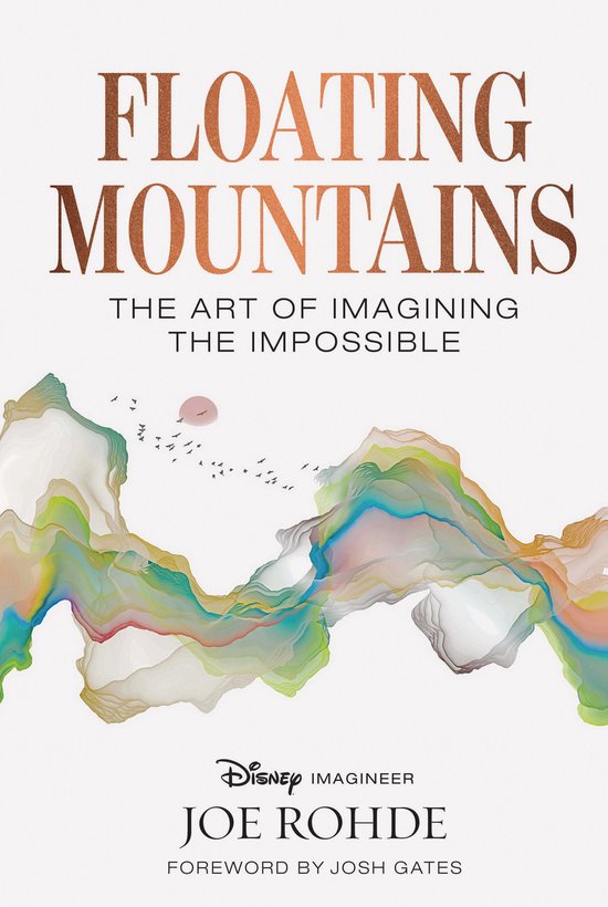Boekomslag 'Floating Mountains: The Art of Imagining the Impossible' met wervelende, kleurrijke abstracte bergen en tekst.