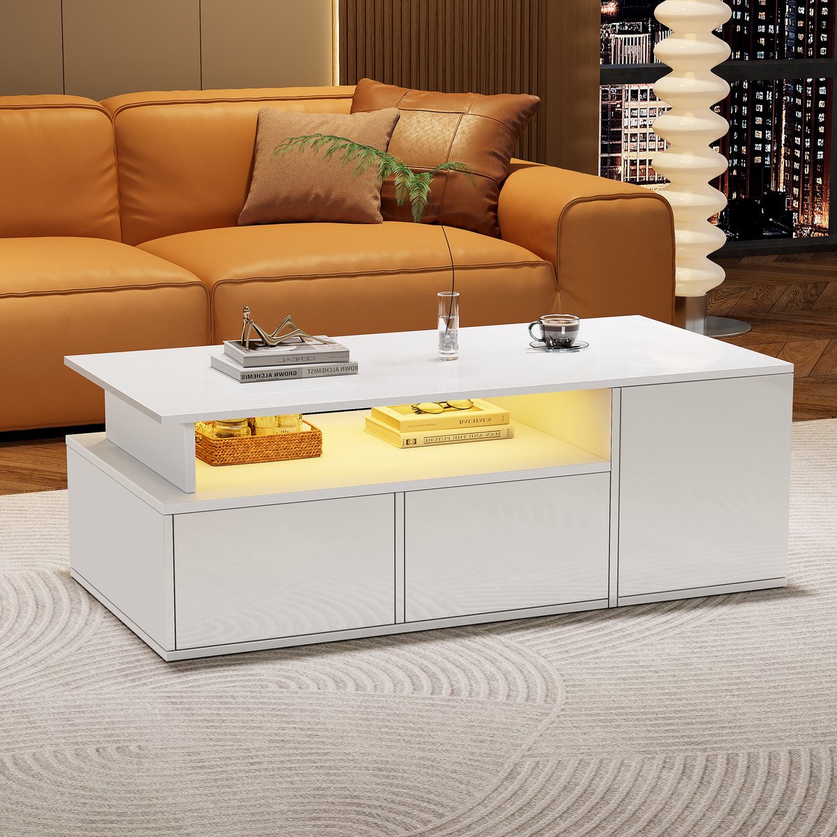 STILVORA Salontafels Koffietafel - Salontafel Met LED Verlichting En 2 Lades - USB Poort + Sterk 60kg - Woonkamer Tafel - 100x50x35 cm - Spaanplaat - Wit