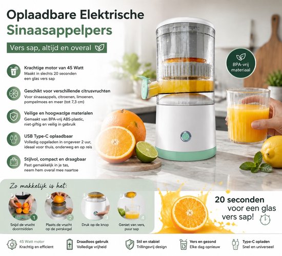 Oplaadbare Elektrische Sinaasappelpers - Voor Oranje, Citroen en Pompelmoes - 45 Watt - Type-C Oplaadbaar - Compact en Handig - Geschikt voor Thuisgebruik - Wit van SNQ — afbeelding 5