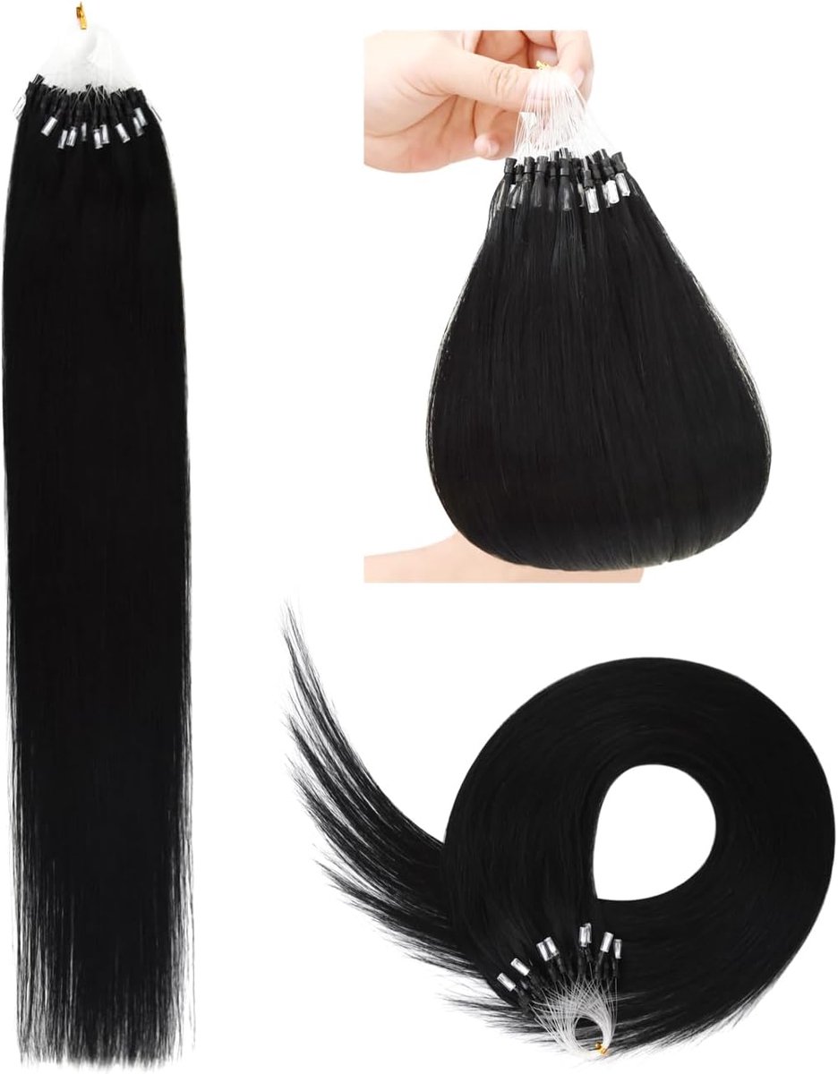 Micro Loop Ring Haarextensions 50g - Echte mensenhaar 35cm #1 Zwart - Gemakkelijk te bevestigen - Voor extra volume - ShopVlot