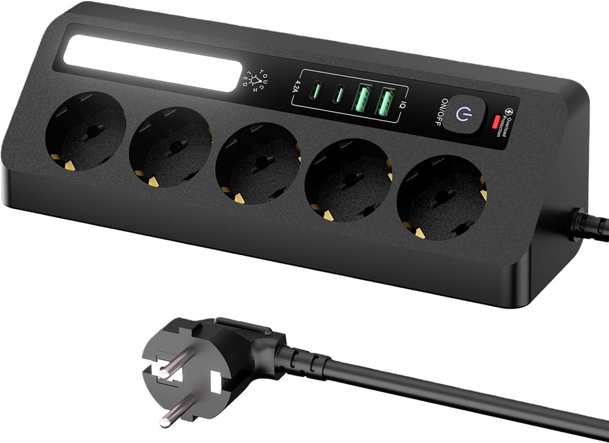 Hoekstopcontact: 5 stopcontacten met 2 USB-A-poorten en 2 USB-C-poorten, schakelaar, 2 meter verlengsnoer, geschikt voor bureaus en hoeken - Zwart