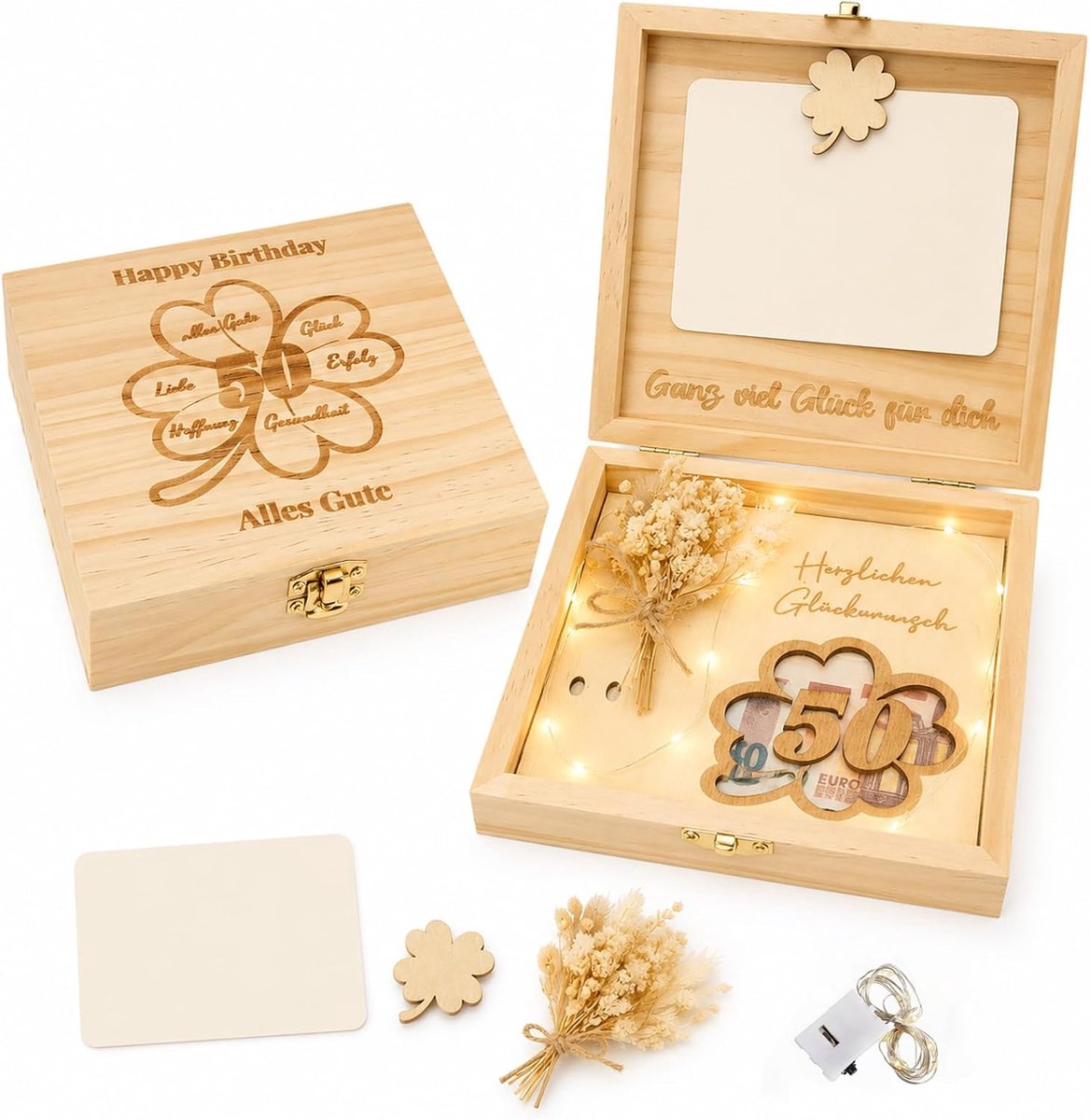 Geldgeschenk verpakking 50e verjaardag - Houten geschenkdoos - Inclusief gedroogde bloemen & lichtketting - ShopVlot