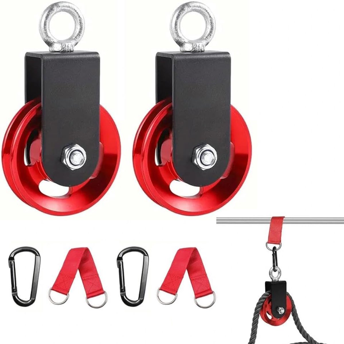 Aluminium katrol 90 mm - blok katrol - U-beugel met karabijnhaak - ideaal voor DIY gym - ShopVlot