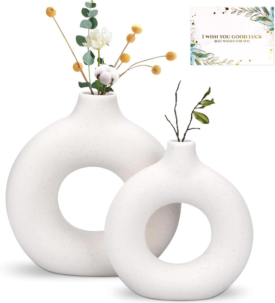 Keramische vaas set van 2 - Witte donutvorm - Handgemaakt - Moderne decoratie voor woonkamer - ShopVlot