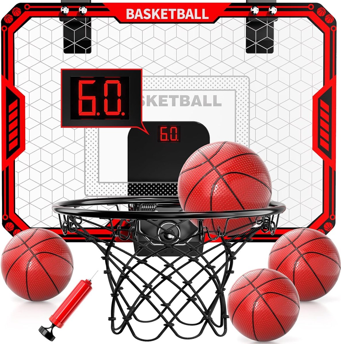Binnenbasketbalring voor kinderen - mini basketbalring met elektronisch scorebord - rood - ShopVlot