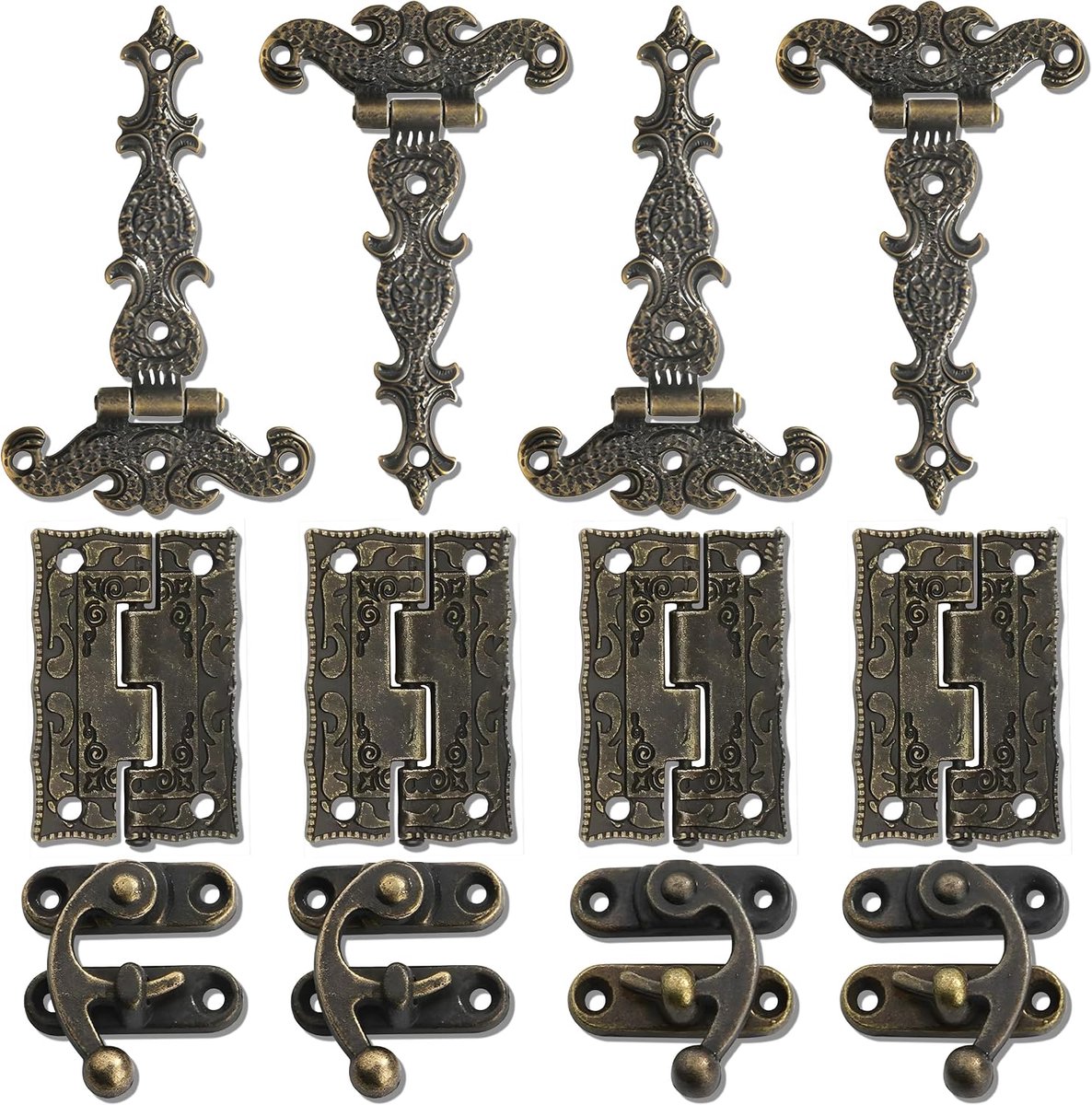 Retro antieke scharnieren 8 stuks - vintage bronzen - met 4 sluitingen - ideaal voor houten kisten - ShopVlot