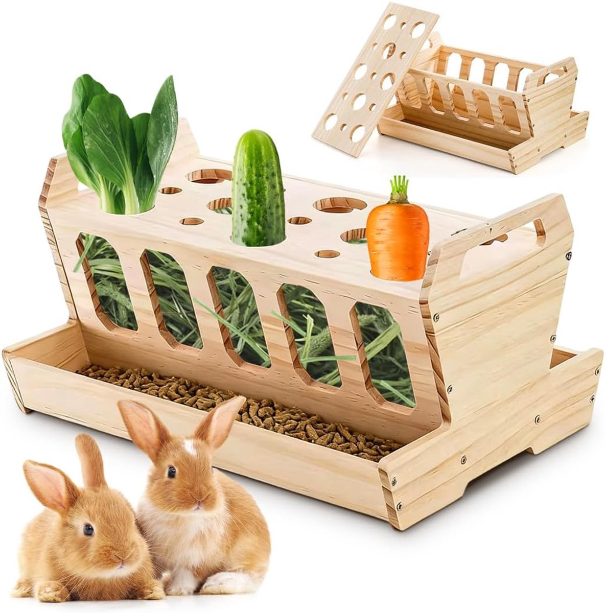 Hooihouder voor konijnen 30 x 20.5 x 18 cm - Houten voederstation - Met wortelhouder - ShopVlot