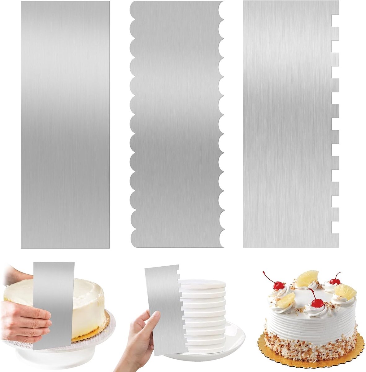 Cake schrapers 3 stuks - roestvrij staal - transparant - perfecte afwerking voor taarten - ShopVlot