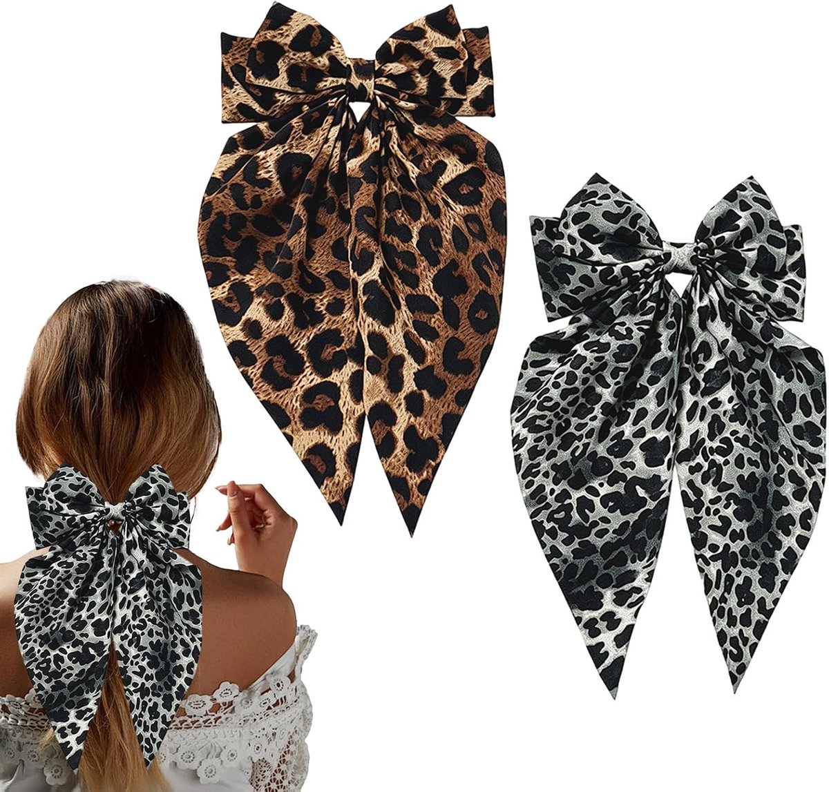 Haarclips met luipaardprint - grote satijnen lint haarstrikken - elegante haarspeldjes met sterke grip - ShopVlot