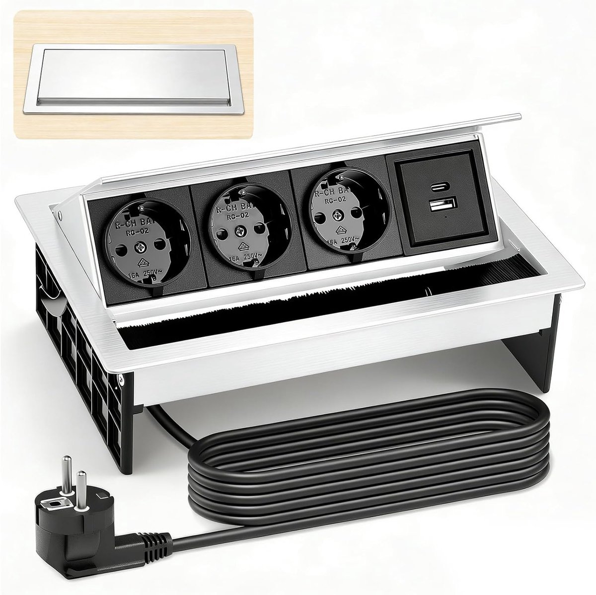 Inbouwstekkerdoos 3-voudig - aluminium - USB-C PD 10W en USB-A - ideaal voor keuken en kantoor - ShopVlot