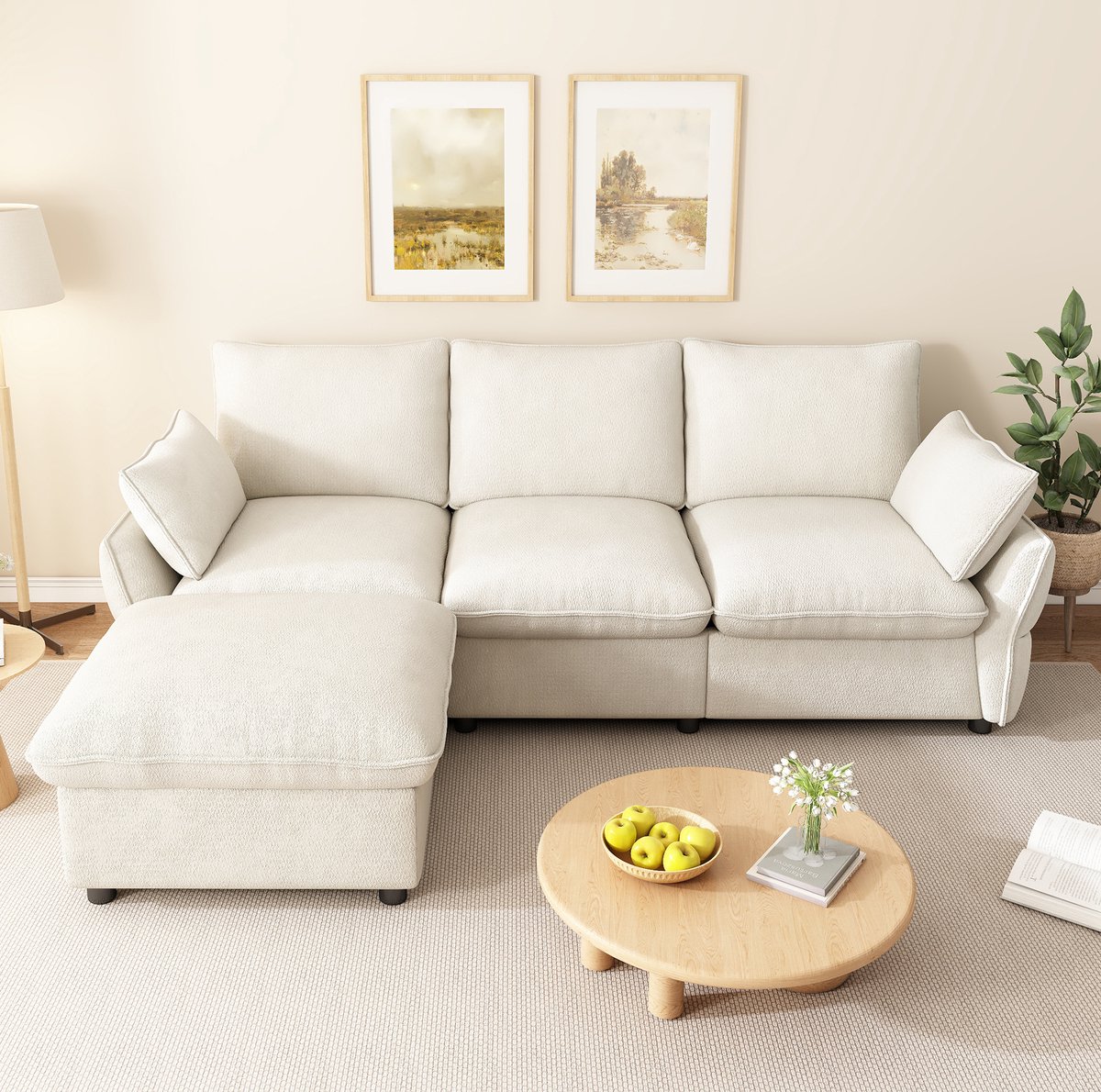 STILVORA Hoekbank 3-Zits 222,5 x 154,5 x 76,5 cm - L-Model Met Hocker En 2 Kussens - Voor Woonkamer En Appartement - Chenille - Beige