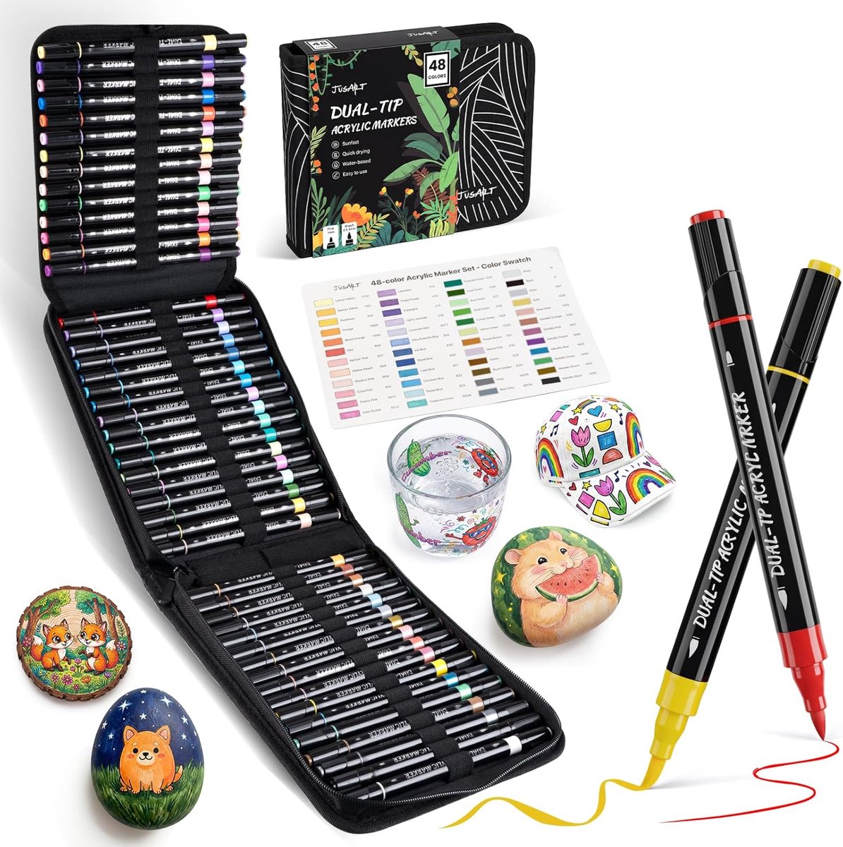 SnelShoppen - 48 Kleurens Acrylic Paint Markers, Dubbelzijdige Stiften met Penseel- en Fijne Punt, Voor Schilderen op Hout, Steen, Canvas, Glas, Eiere