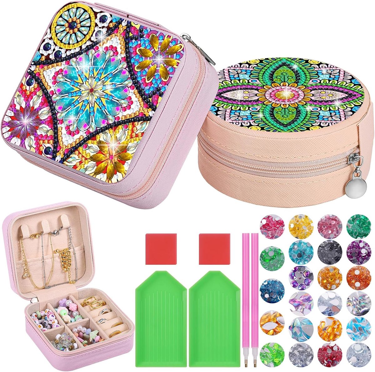 SnelShoppen - 2 Stuks DIY Diamant Schilderen Sieraden Doos voor Kinderen - Creatieve Knutselset voor Meisjes van 5-10 Jaar - Unieke Retro Stijl - Incl