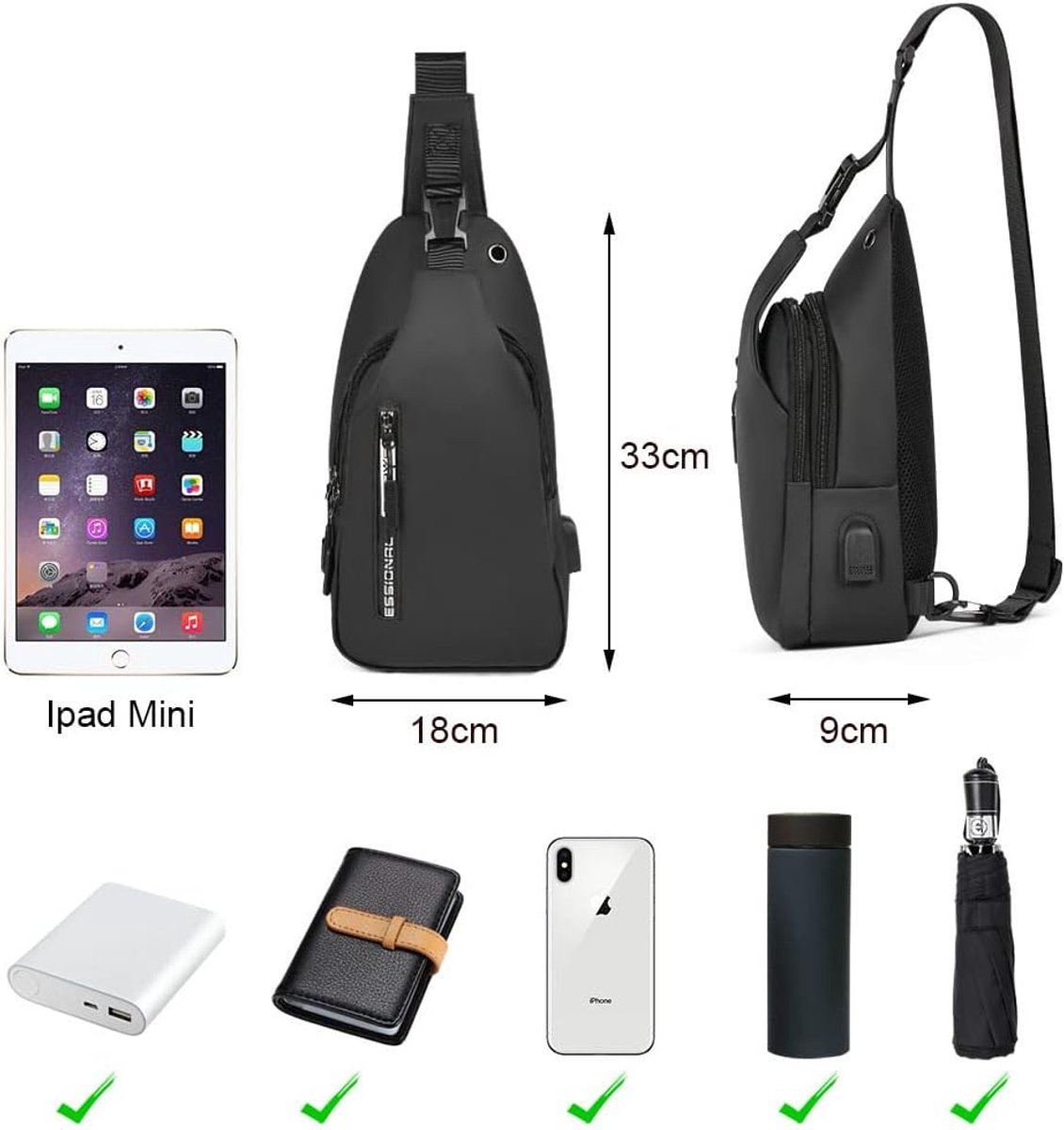 Schoudertas voor heren 13" - waterdicht - met USB-oplaadpoort - ideaal voor reizen - SnelShoppen