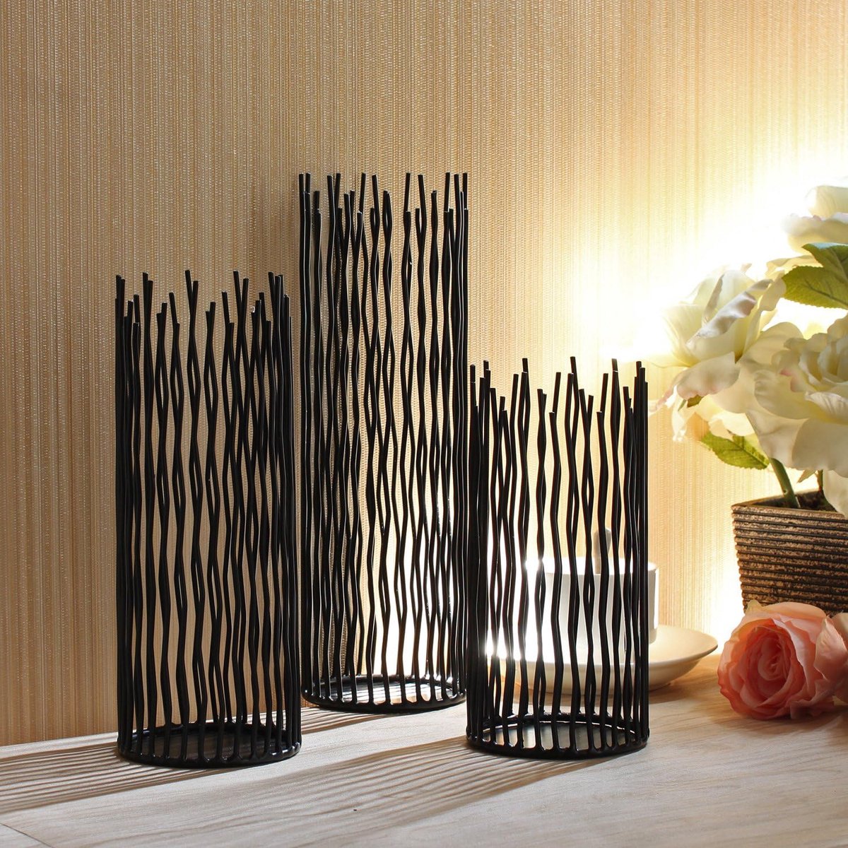 Kandelaar set 3-delig - metalen pilaar 8" 10" 12" - zwart - stijlvol accent voor je interieur - SnelShoppen