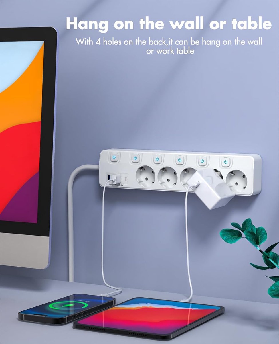 Stekkerdoos 5-voudig met 4 USB snelladen - Aansluitingen met schakelaar - Voor thuis, kantoor, keuken - SnelShoppen