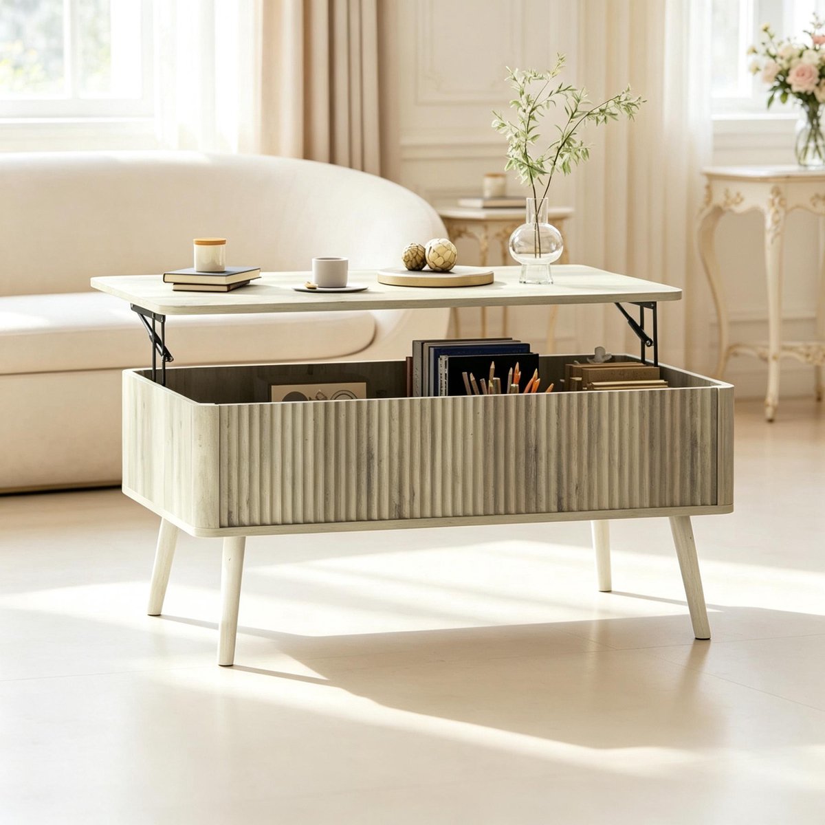 STILVORA Salontafel - In Hoogte Verstelbaar Blad - Met Verborgen Opbergruimte Voor Woonkamer En Eten - Eiken - 91x56 Cm