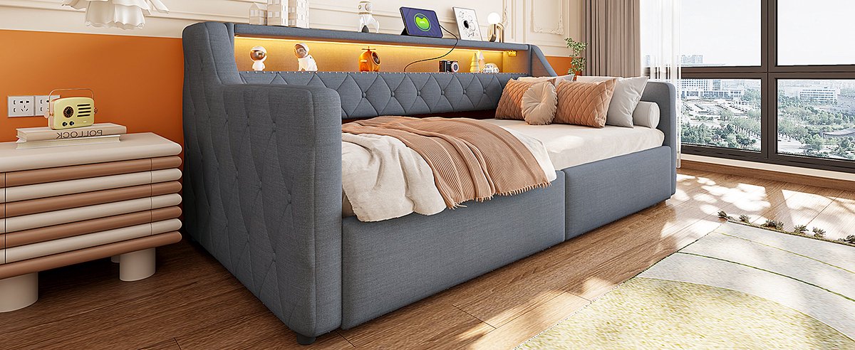 STILVORA Bed 90x200 cm – Bed Met LED-Verlichting En Oplaadpunten – Hydraulische Opbergruimte En Hoofdbordvak – Voor Slaapkamer – Linnen En MDF – Grijs – Zonder Matras
